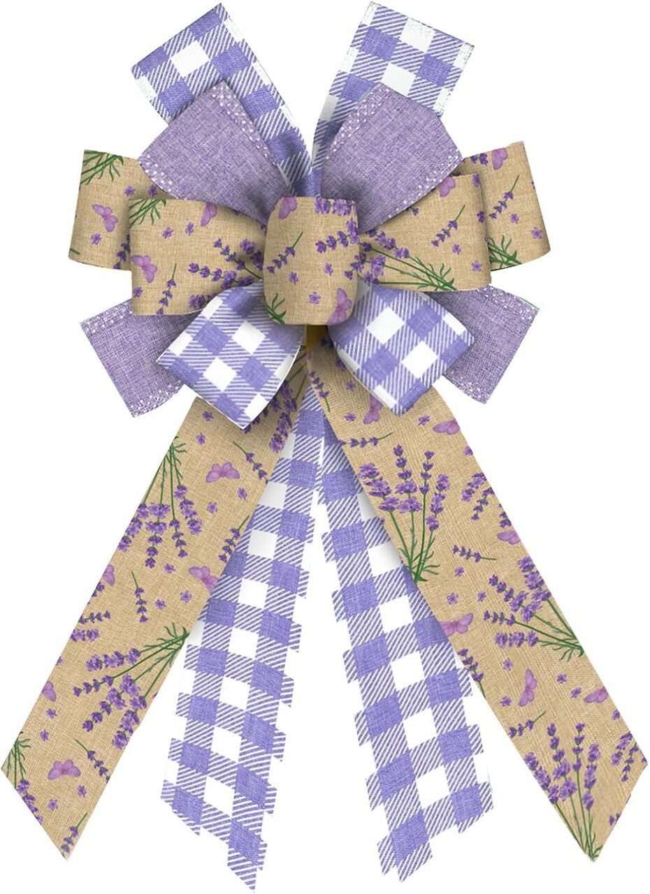 Large Spring Wreath Bows – Purple & White Buffalo Plaid with Lavender Floral Burlap for Front Door, Tree Toppers, and Indoor/Outdoor Spring Decorations